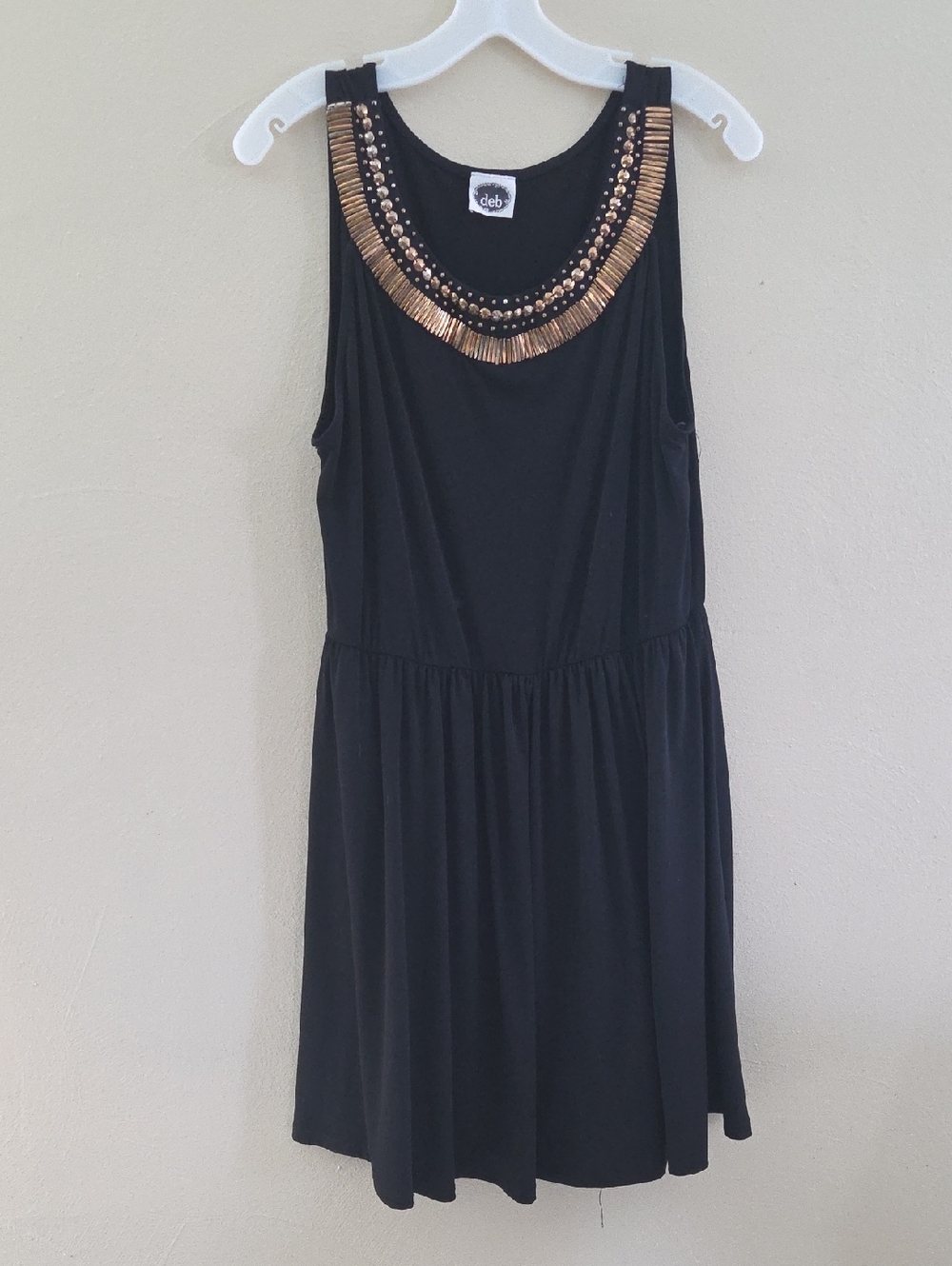 Deb Black Sleeveless Dress with Gold Beaded Fringe Neckline